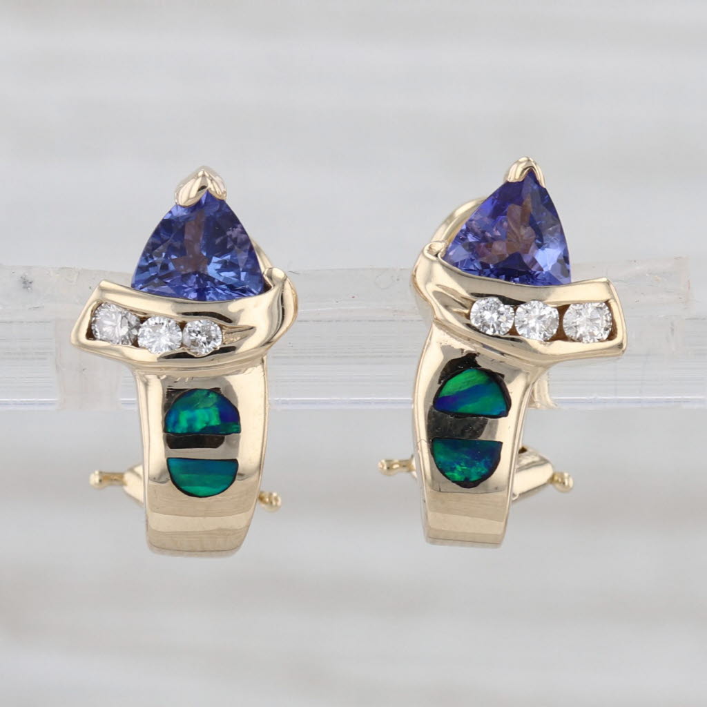 Tanzanite Diamond Lab Created Opal Drop Earrings 14k Yellow Gold Omega Backs