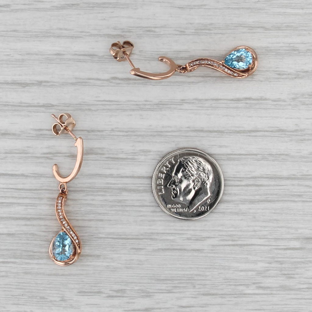 1.17ctw Blue Topaz Emerald Diamond Dangle Earrings 10k Rose Gold J-Hook Drops