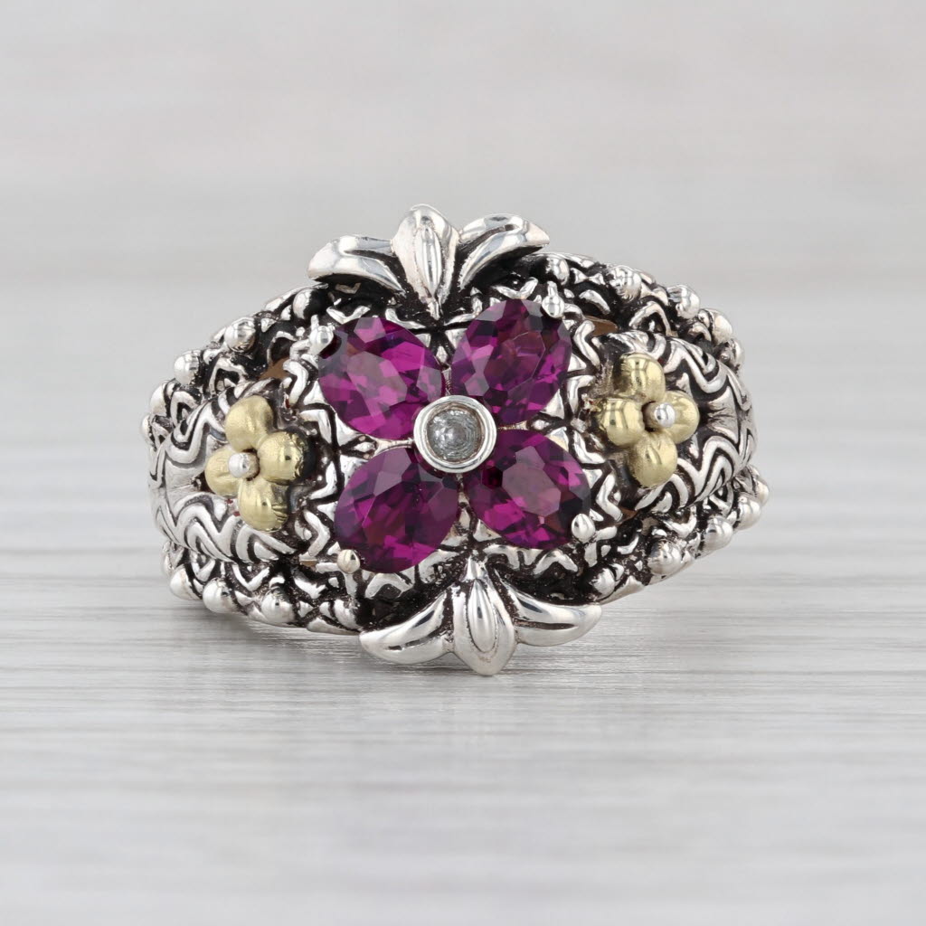 Bixby Garnet White Topaz Flower Ring Sterling Silver 18k Gold Cocktail Statement