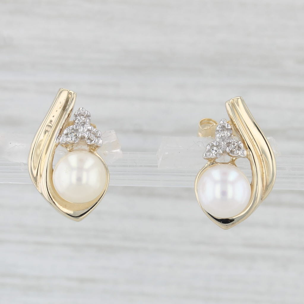 Light Gray Cultured Pearl Diamond Stud Earrings 10k Yellow Gold