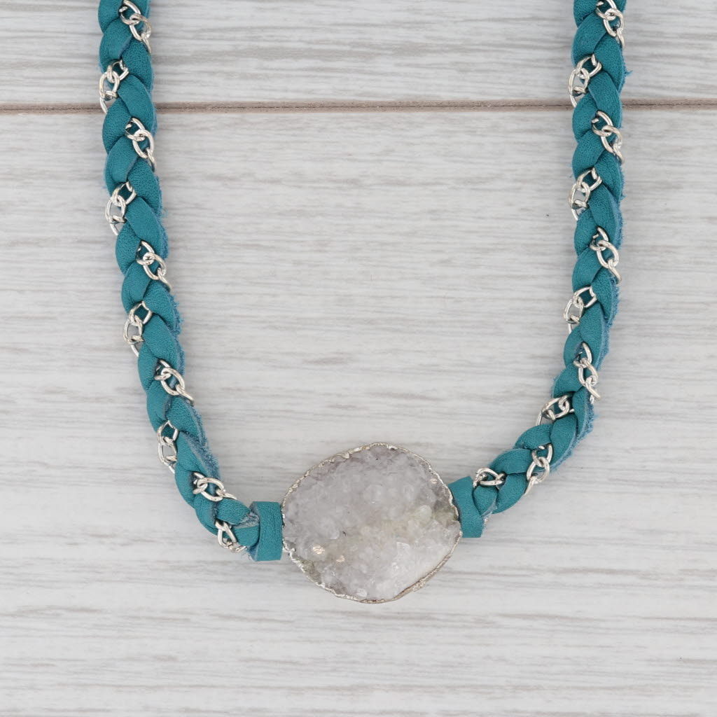 New Nina Wynn Necklace Cordelia Teal Leather White Druzy Quartz Pendant