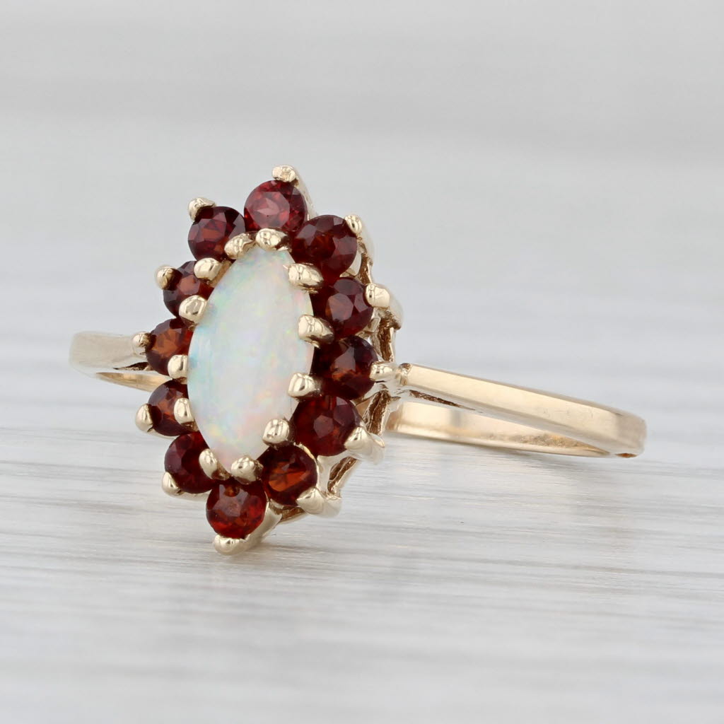 Light Gray Opal Navette Cabochon Garnet Halo Ring 10k Yellow Gold Size 7.5