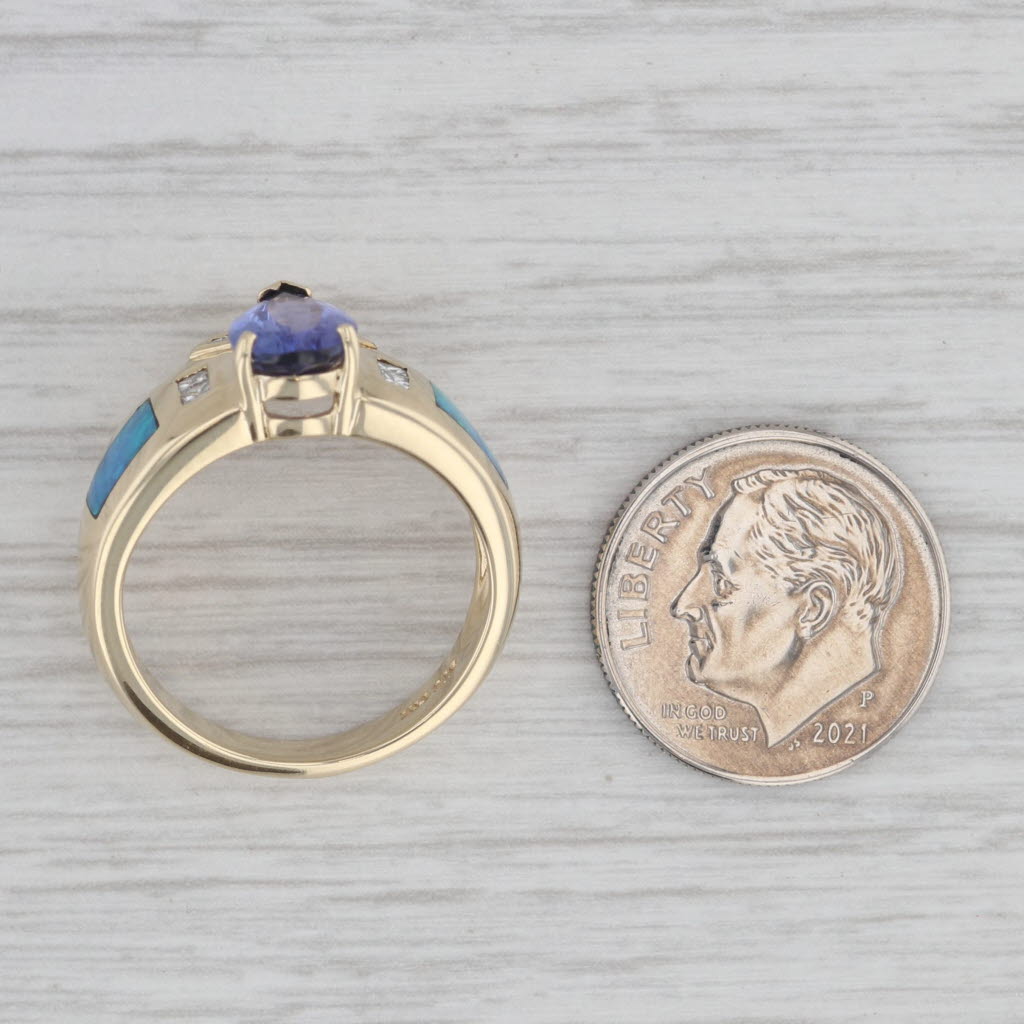 Gray 1.29ctw Tanzanite Diamond Opal Inlay Ring 14k Yellow Gold Size 7-7.25
