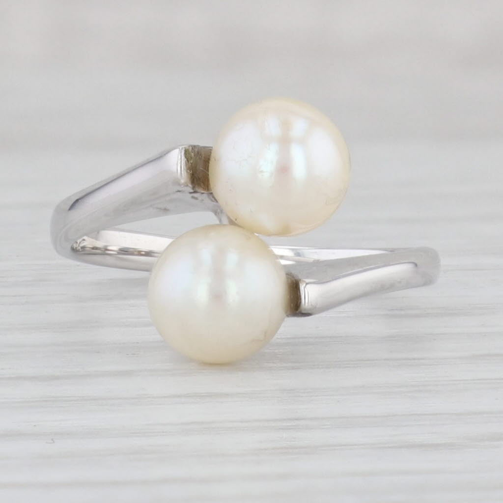 Light Gray 2 Cultured Pearls Bypass Ring 14k White Gold Size 6.25