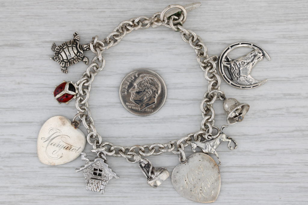 Gray Vintage Silver Souvenir Charm Bracelet 6.75" Turtle Ladybug Heart Horse Sterling