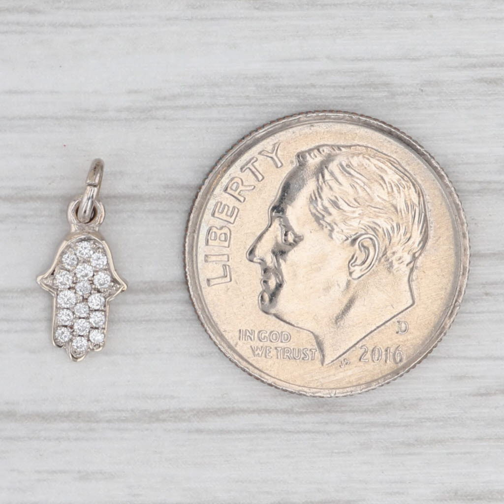 Light Gray 0.15ctw Small Hamsa Hand Charm 14k White Gold Pendant Good Luck Talisman