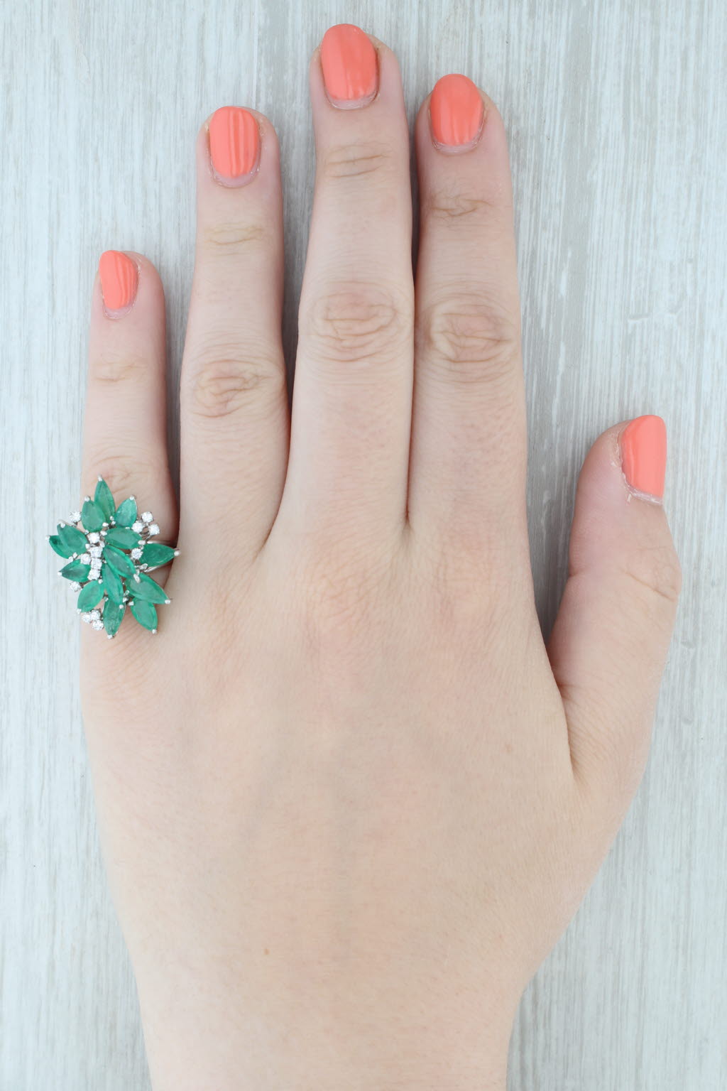 Gray 6.28ctw Emerald Damond Flower Cocktail Ring 14k White Gold Size 6.5-6.75