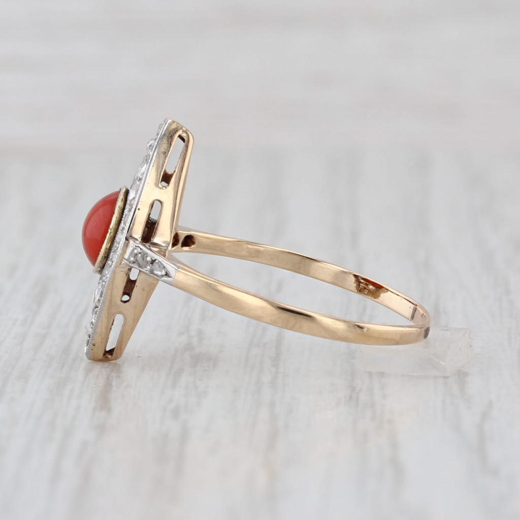 Antique Red Coral Diamond Ring 18k Yellow Gold Platinum Size 8.75