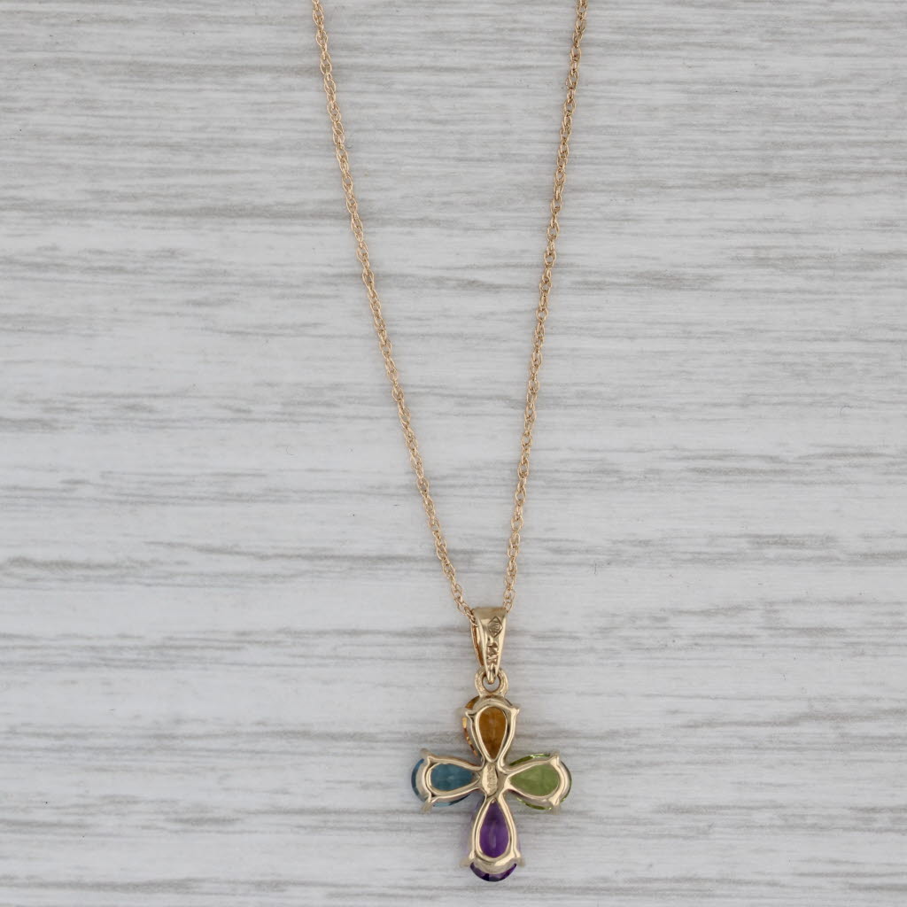 Gray 1.42ctw Gemstone Cross Pendant 14k Gold 19" Peridot Citrine Topaz Amethyst