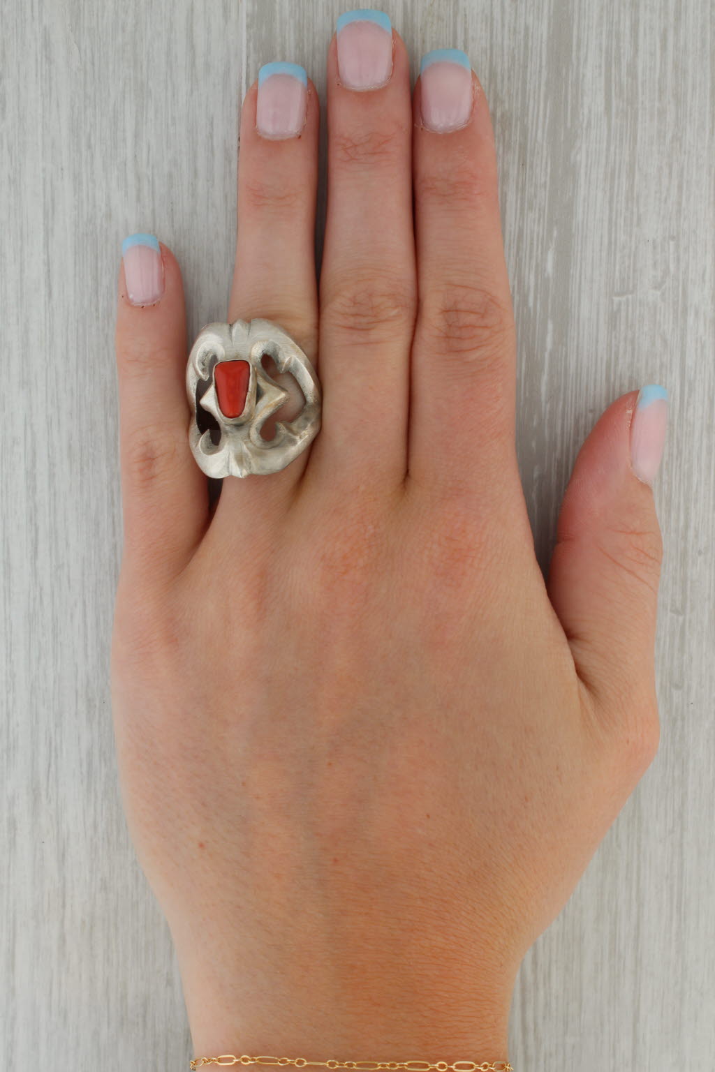Rosy Brown Chimney Butte Coral Ring Sand Cast Sterling Silver Native American Navajo