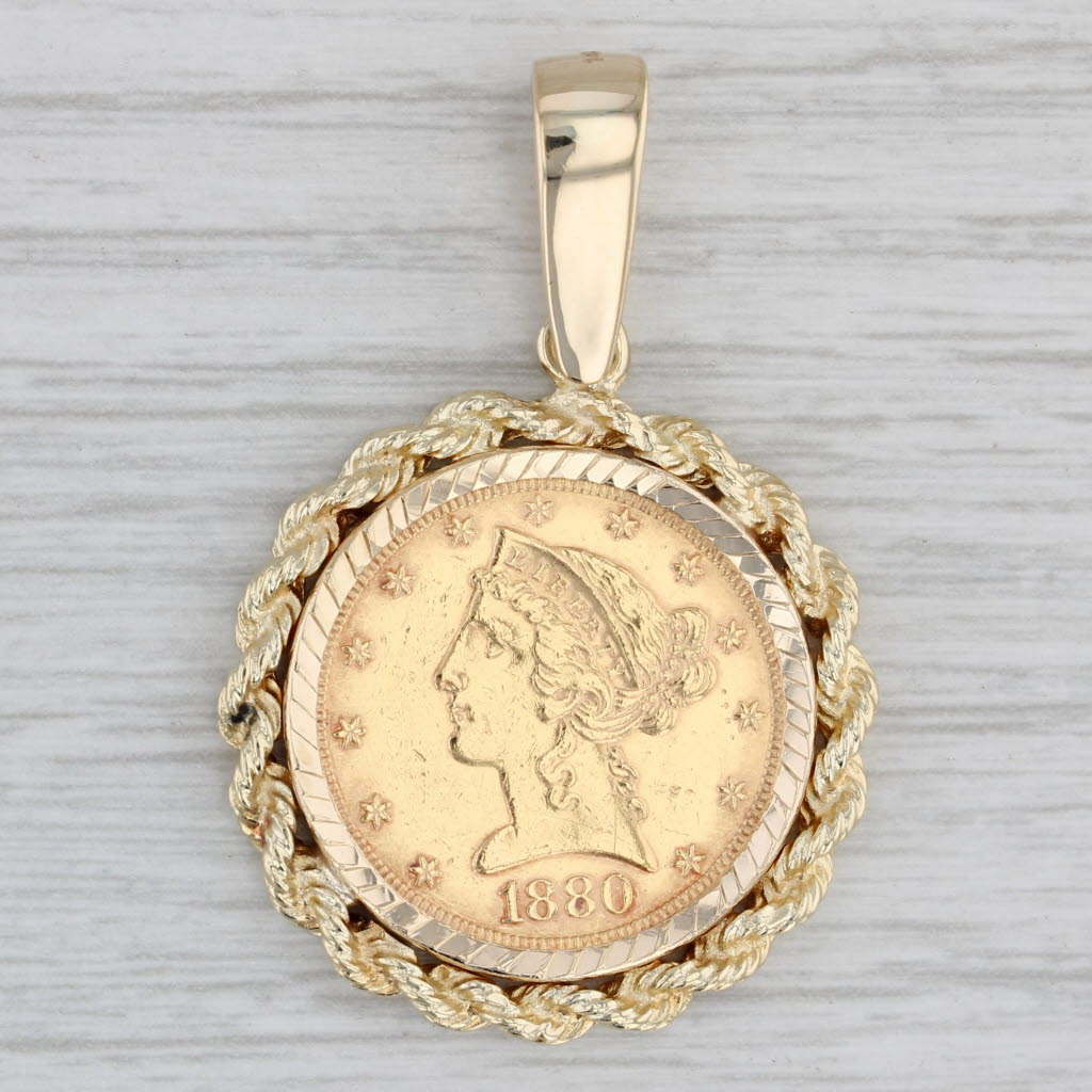 Gray Authentic 1880 Liberty Head 5 Dollar Coin Pendant 14k 900 Gold