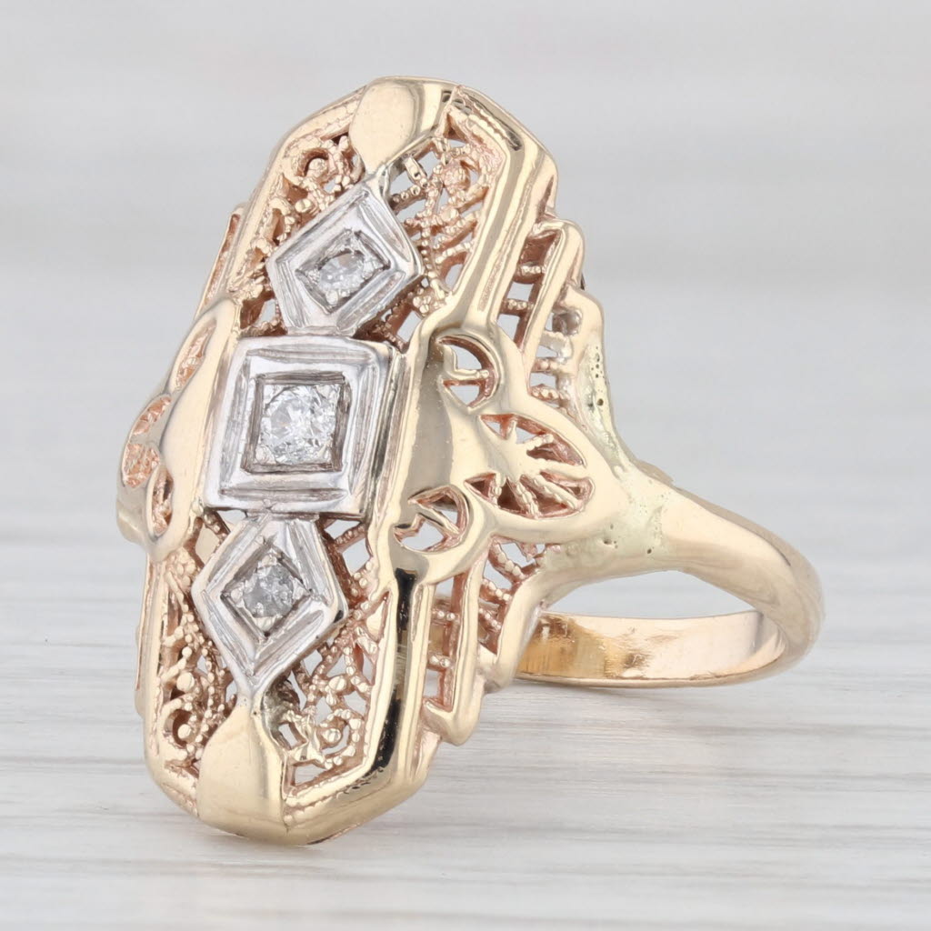 Light Gray Vintage Diamond Filigree Ring 10k Gold Size 7.25 Art Deco