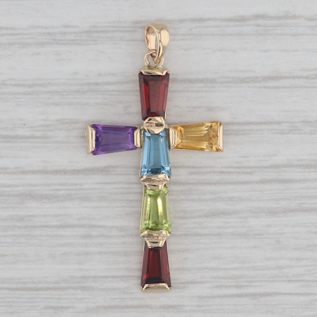 Gray 2.55ctw Gemstone Cross Pendant 14k Gold Garnet Amethyst Citrine Topaz Peridot