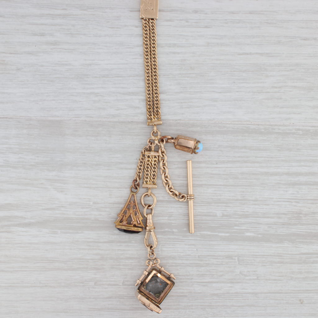 Light Gray Vintage Watch Chain Necklace Fobs Pendants Chatelaine Opal Glass Gold Filled
