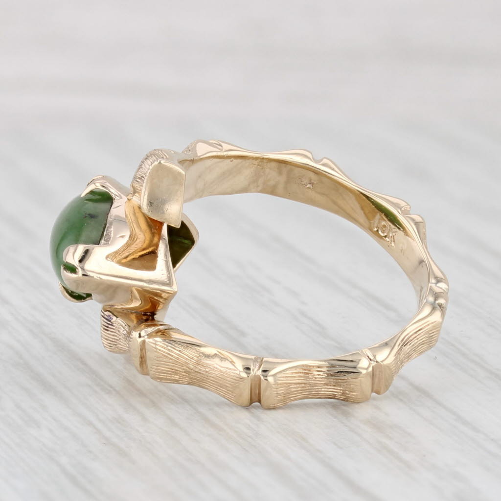 Light Gray Marquise Green Nephrite Jade Bamboo Ring 10k Yellow Gold Bypass Size 6.25