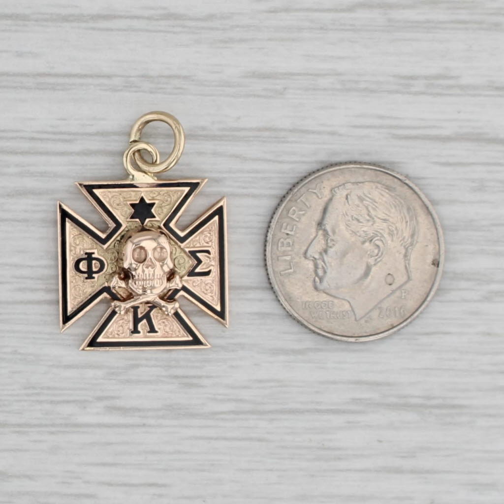 Gray Phi Kappa Sigma Fraternity Skull Cross Pendant 10k Gold Charm Vintage Lambda