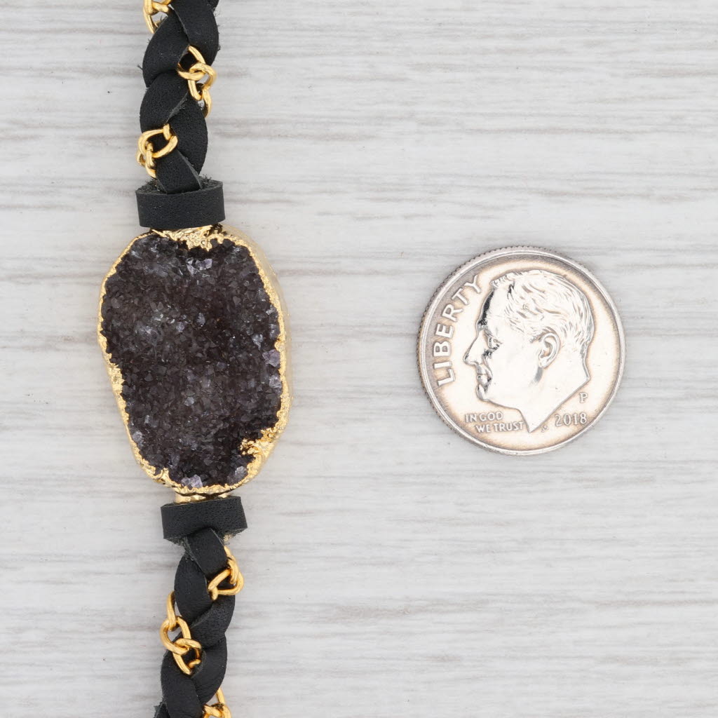 New Nina Wynn Necklace Cordelia Amethyst Druzy Pendant Black Leather NWT