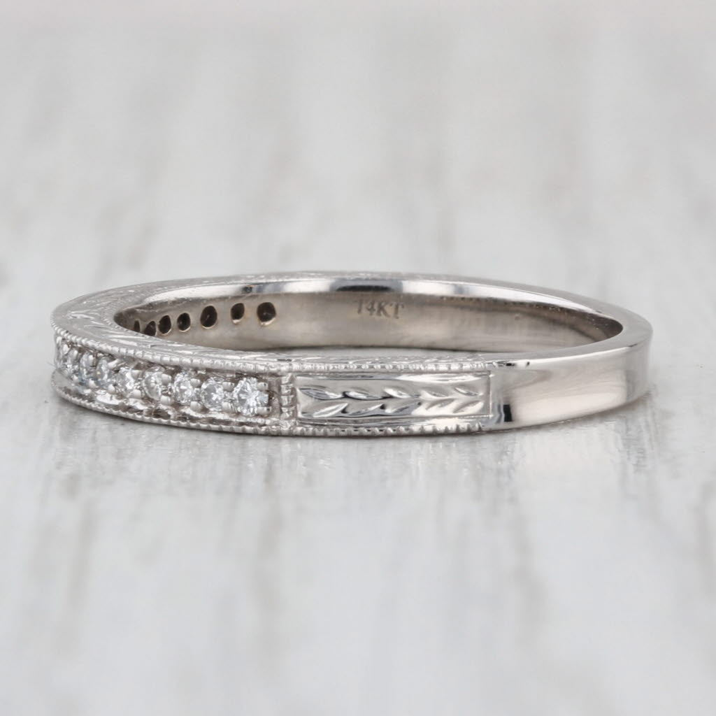 0.10ctw Diamond Wheat Etched Wedding Band 14k White Gold Size 7 Stackable Ring