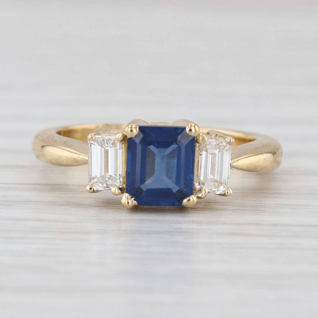 1.63ctw Emerald Cut Blue Sapphire Diamond Ring 18k Gold Size 6.25 Engagement