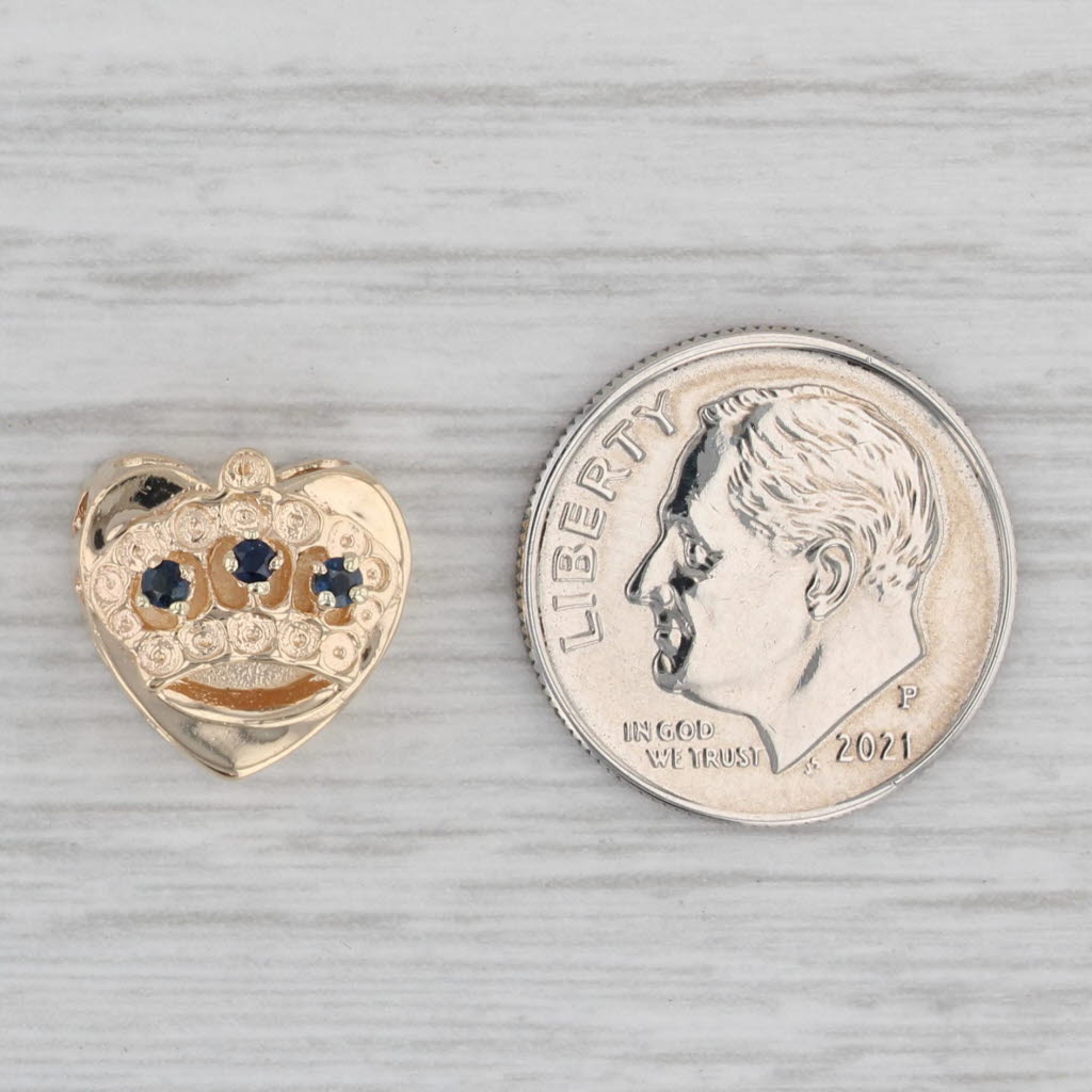 Gray Blue Sapphire Crown Heart Slide Bracelet Charm 14k Yellow Gold Vintage