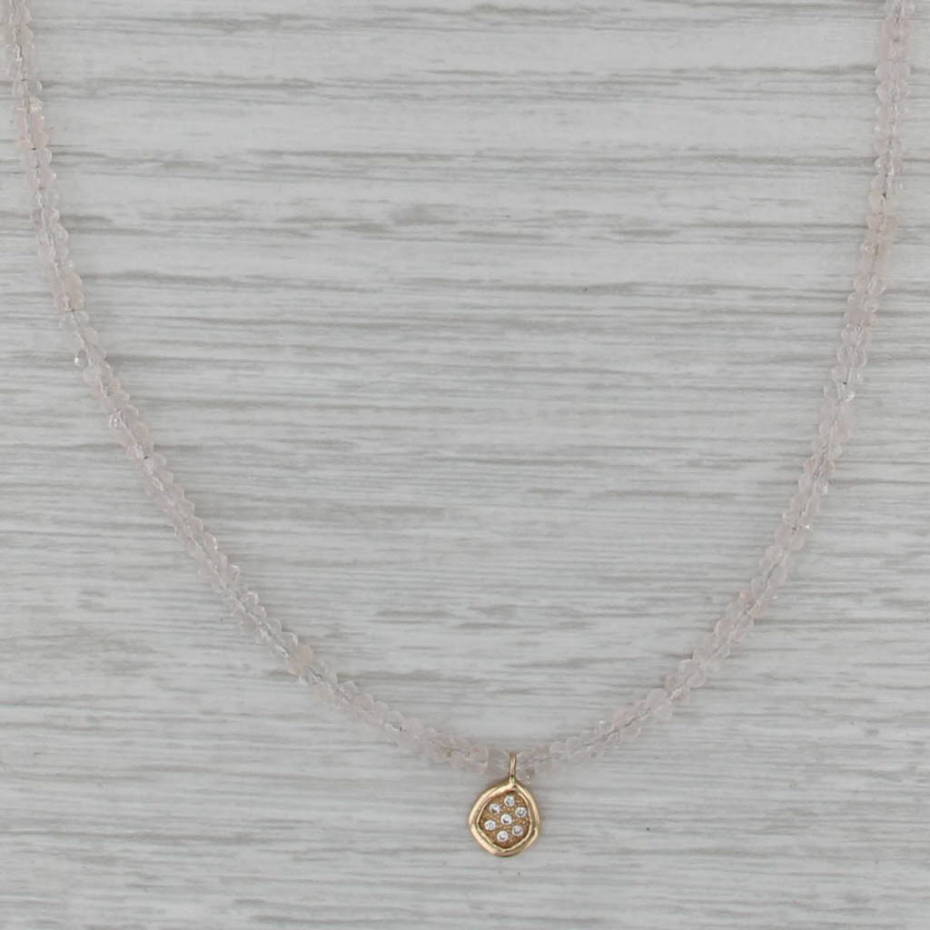 Pink Tourmaline Quartz Diamond Bead Necklace 14k Yellow Gold 17.75" Designer