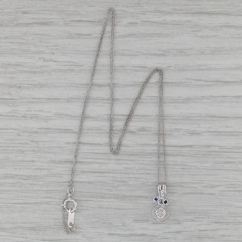 Diamond Sapphire Flower Pendant Necklace 10k White Gold 18.5" Rope Chain
