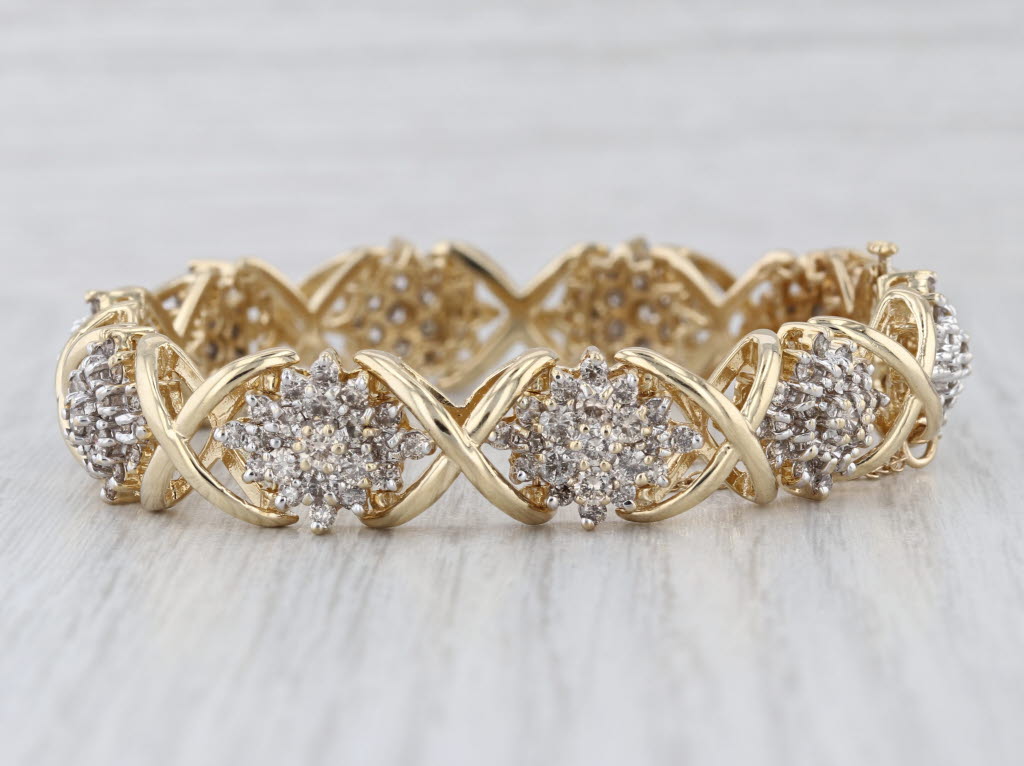 5ctw Diamond Flower Clusters Bracelet 14k Yellow Gold 7" 12.5mm