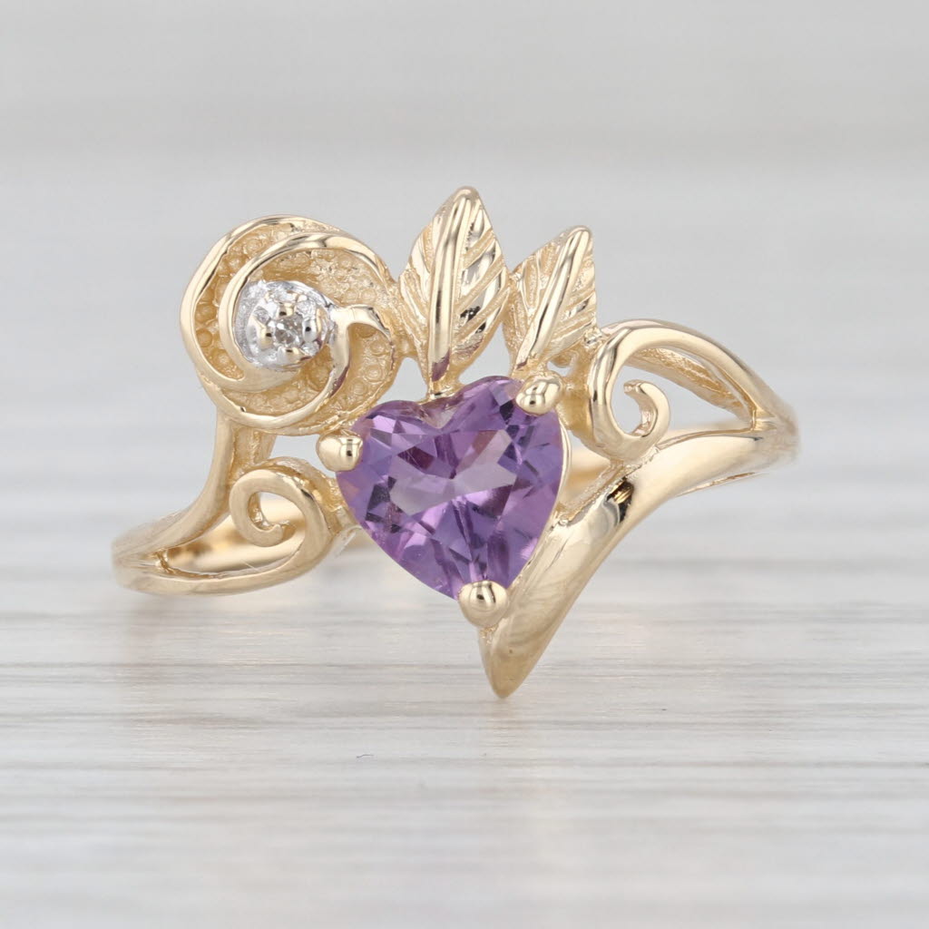 0.65ct Amethyst Heart Flower Ring 14k Yellow Gold Diamond Accents Size 7.25