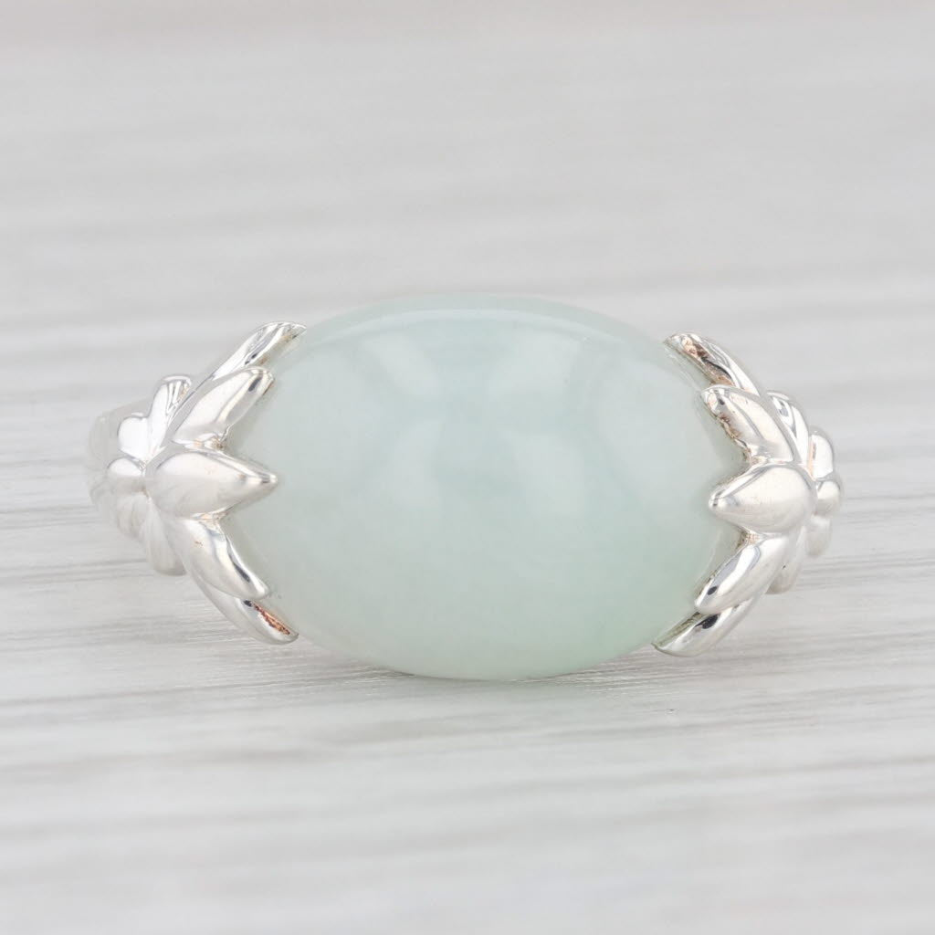 Light Gray Green Jadeite Jade Oval Cabochon Solitaire Ring Sterling Silver Size 6