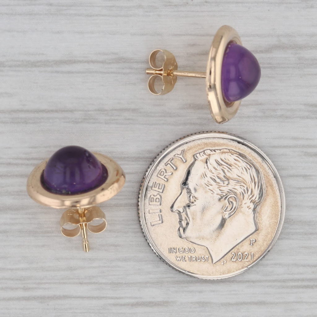 Gray Amethyst Round Cabochon Solitaire Stud Earrings 14k Yellow Gold