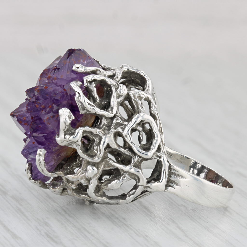 Light Gray Vintage Amethyst Crystal Ring Sterling Silver Size 7.5 Statement Cocktail Gothic