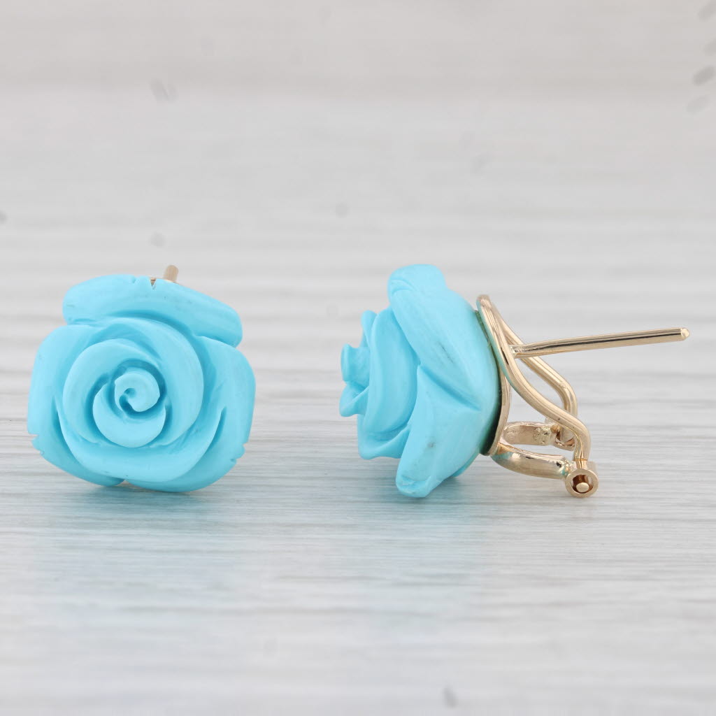 Light Gray Imitation Carved Turquoise Flower Stud Earrings 14k Yellow Gold Omega Backs