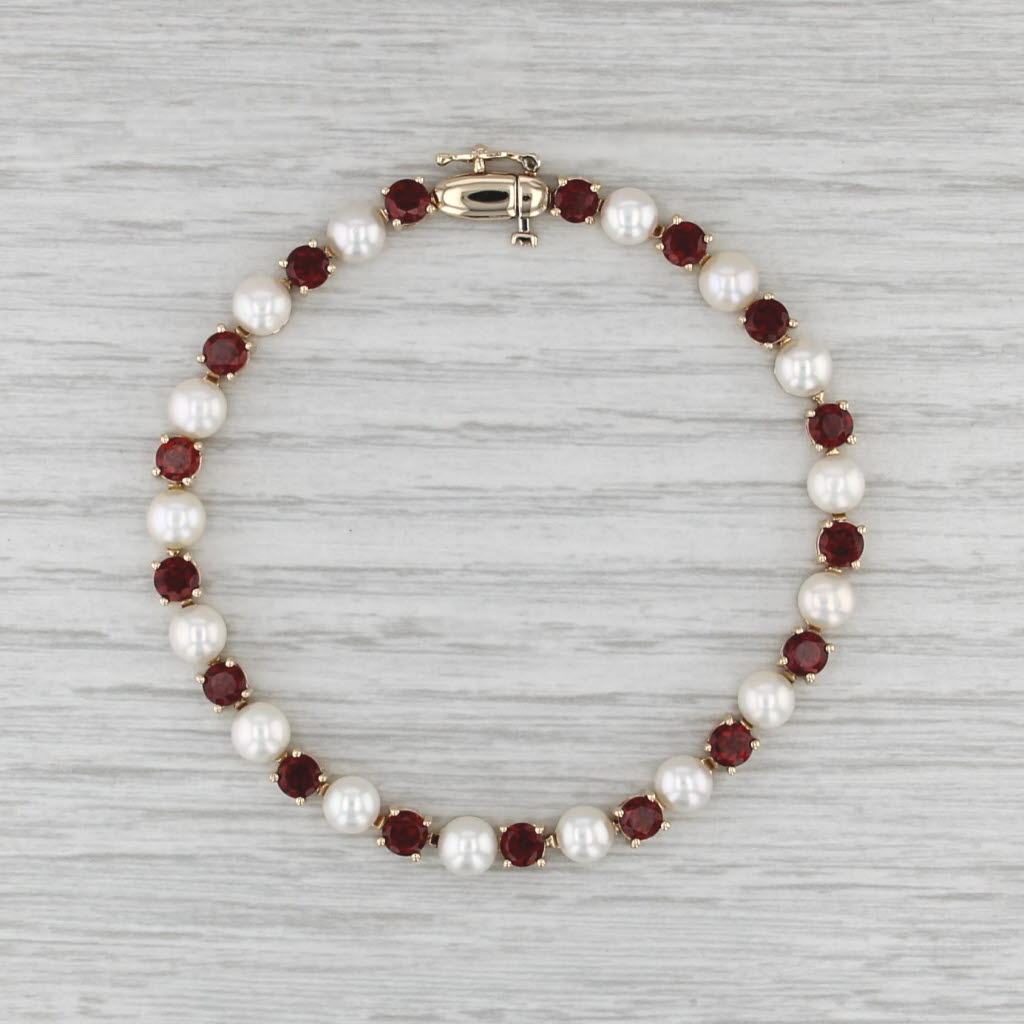 Cultured Pearl 5.30ctw Garnet Tennis Bracelet 14k Yellow Gold 7" 5.3mm