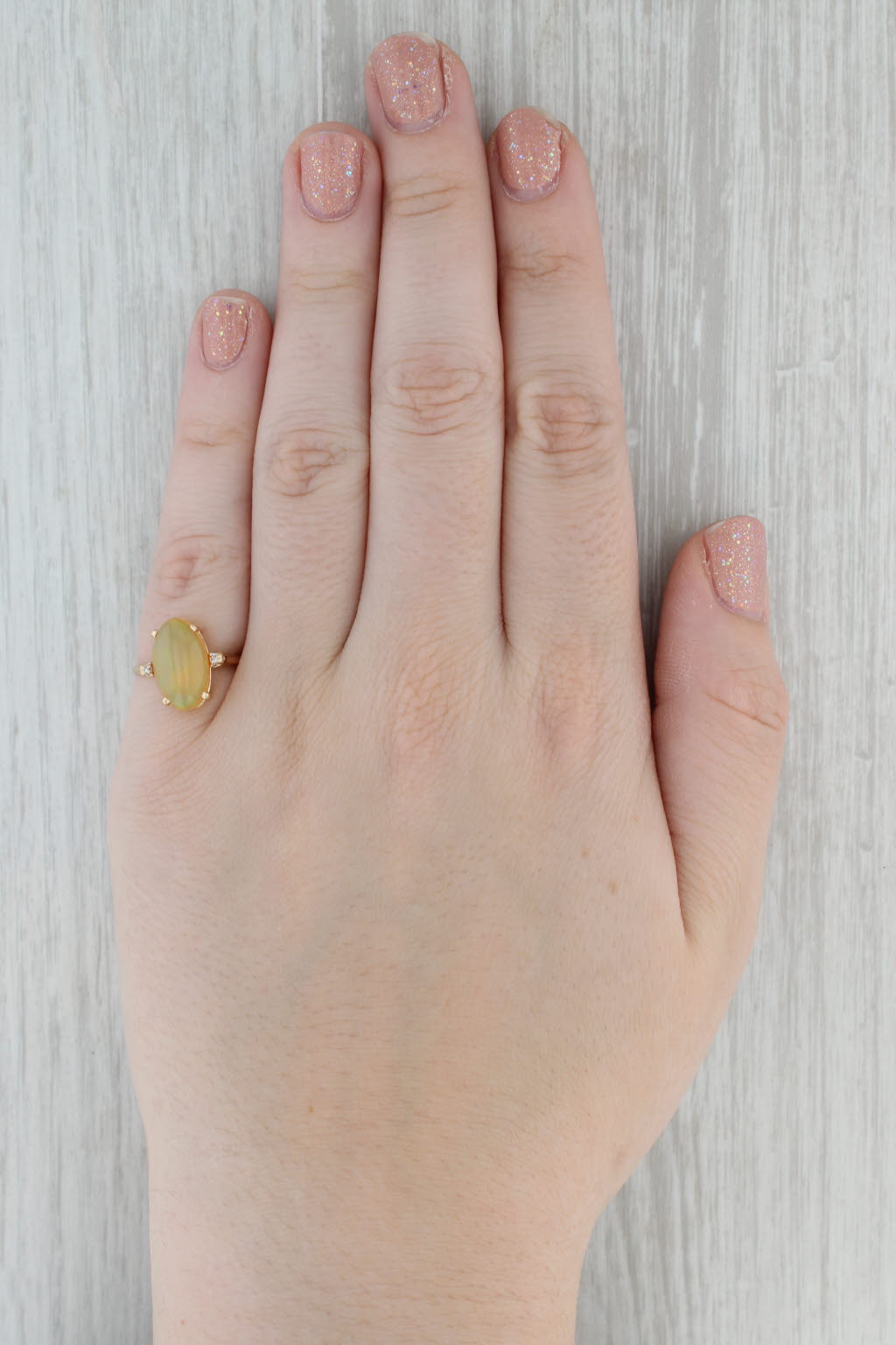 Gray Yellow Opal Oval Cabochon Solitaire Ring 14k Yellow Gold Size 6.25