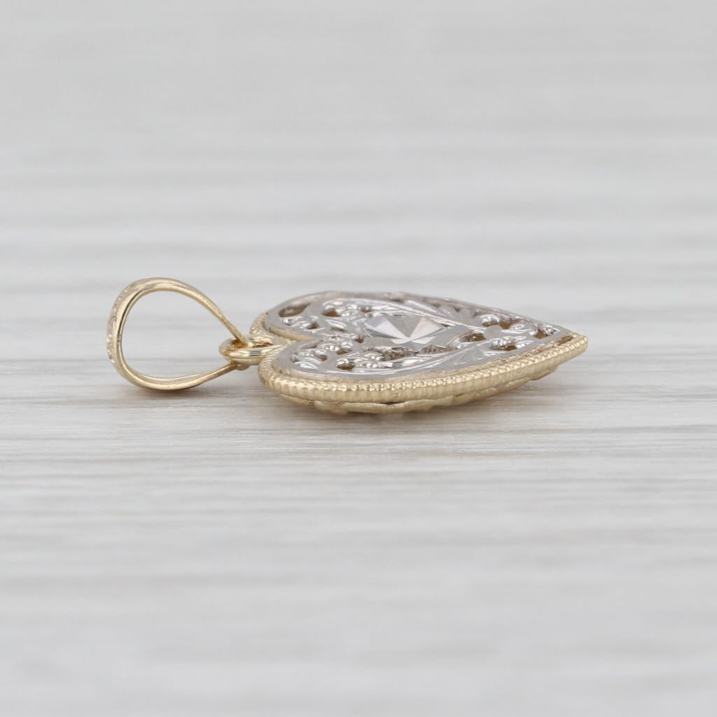 Reversible Heart Pendant 14k Yellow White Gold Ornate Filigree Open Work
