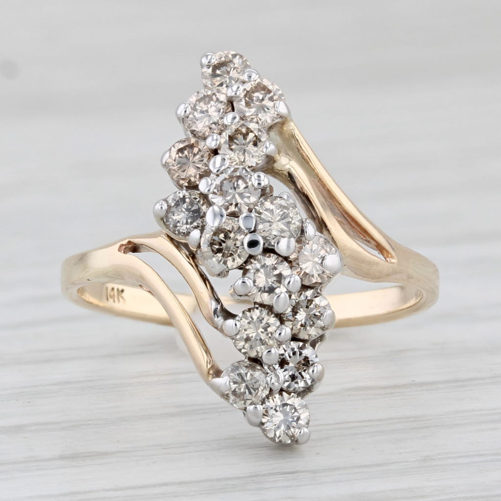Light Gray 0.70ctw Diamond Cluster Ring 14k Yellow Gold Bypass Size 7.25 Cocktail