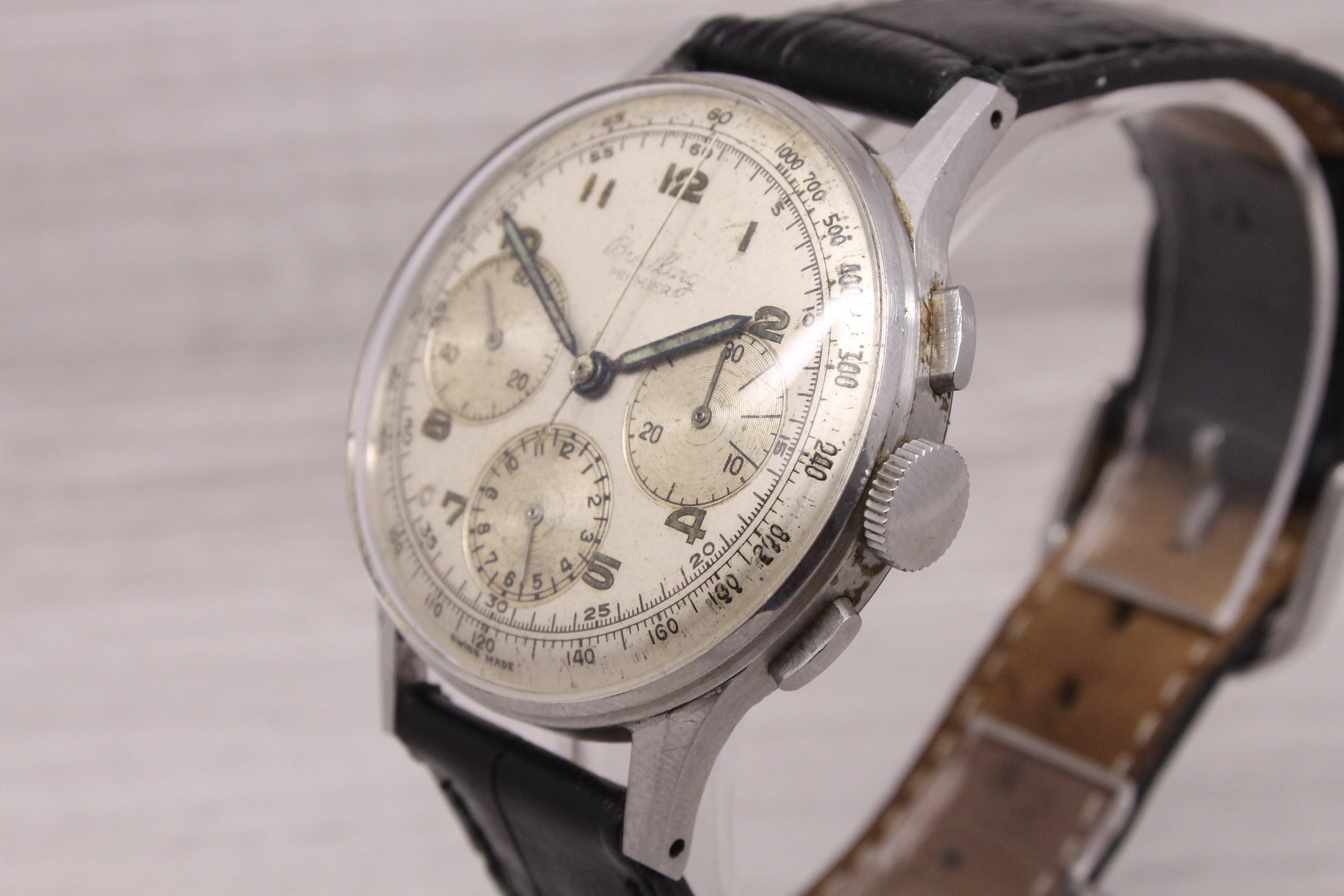 Gray Vintage Breitling Premier ref.734 37mm Steel Men Chronograph Watch NEEDS SERVICE