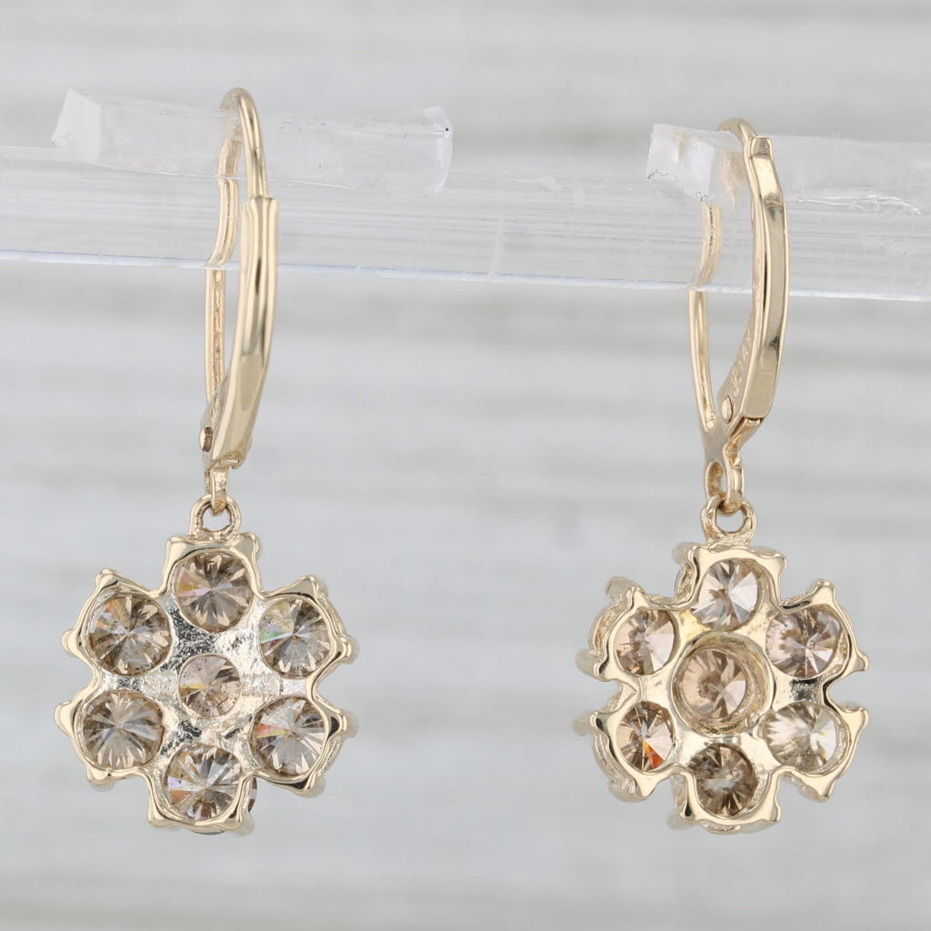 Light Gray 1.80ctw Champagne Diamond Flower Dangle Earrings 14k Yellow Gold