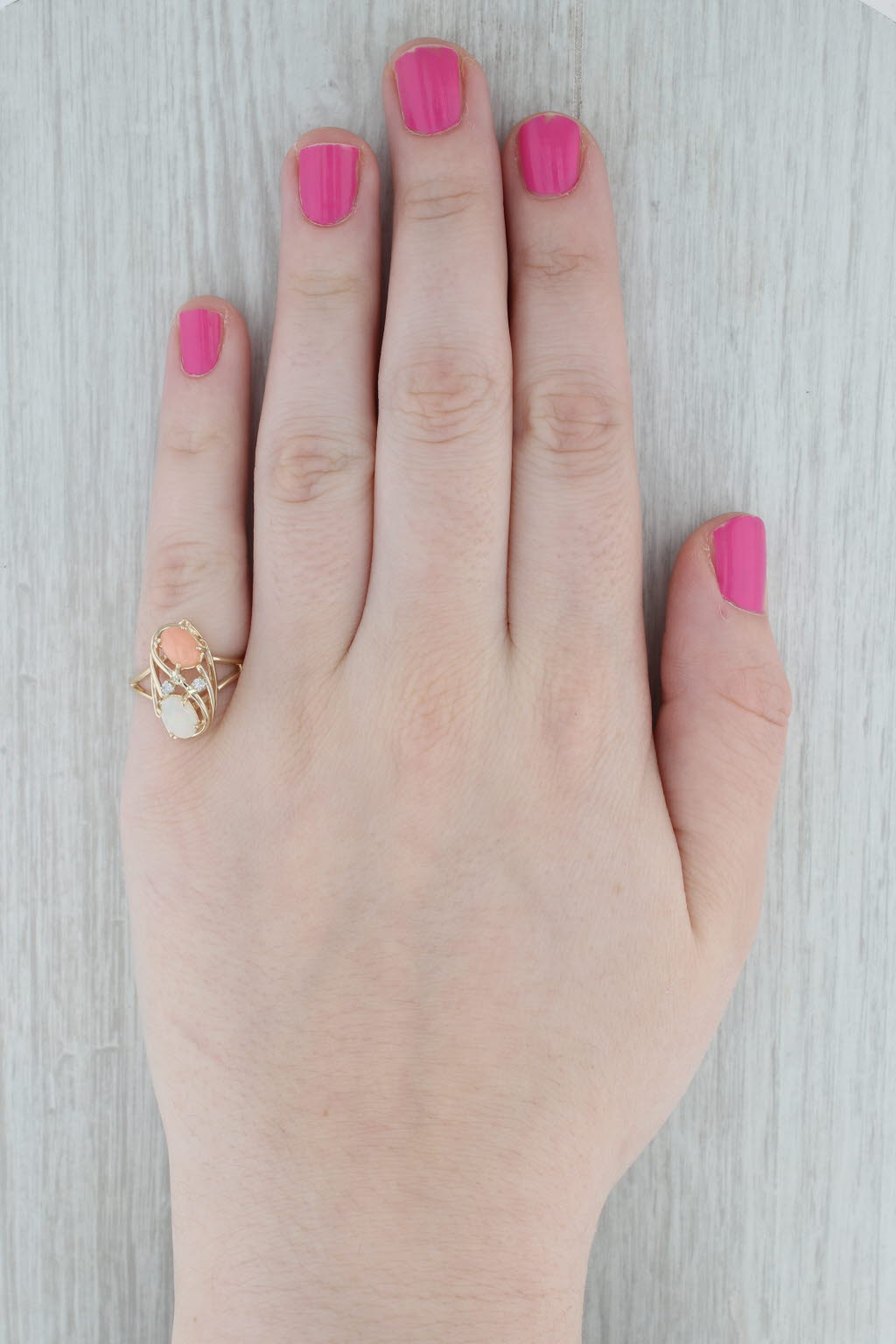 Gray Opal Coral Diamond Ring 14k Yellow Gold Size 6.5