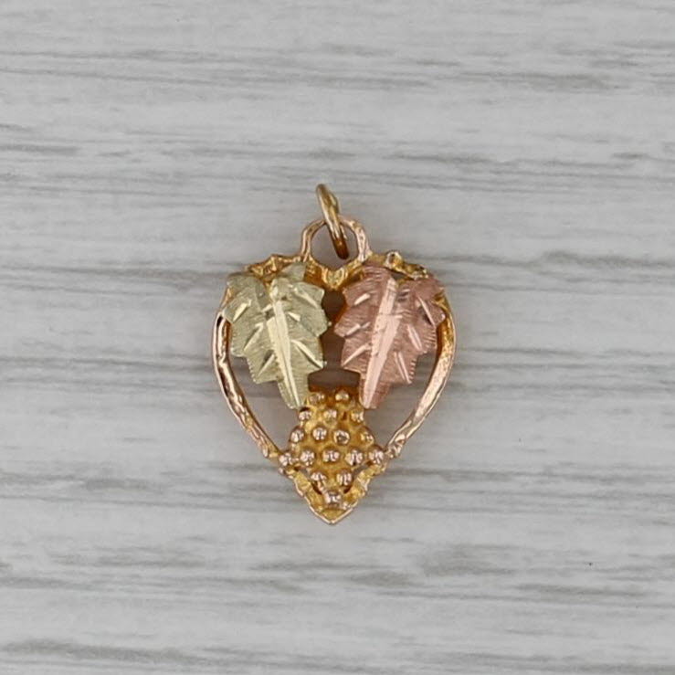 Black Hills Gold Style Leaf Heart Pendant 10k Yellow Rose Green Charm