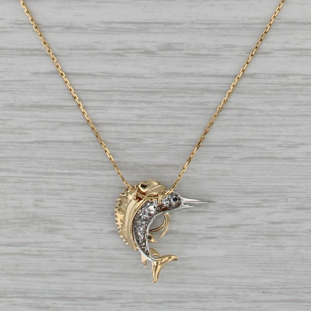 0.36ctw Diamond Sapphire Swordfish Pendant Necklace 18k Gold Platinum 16"