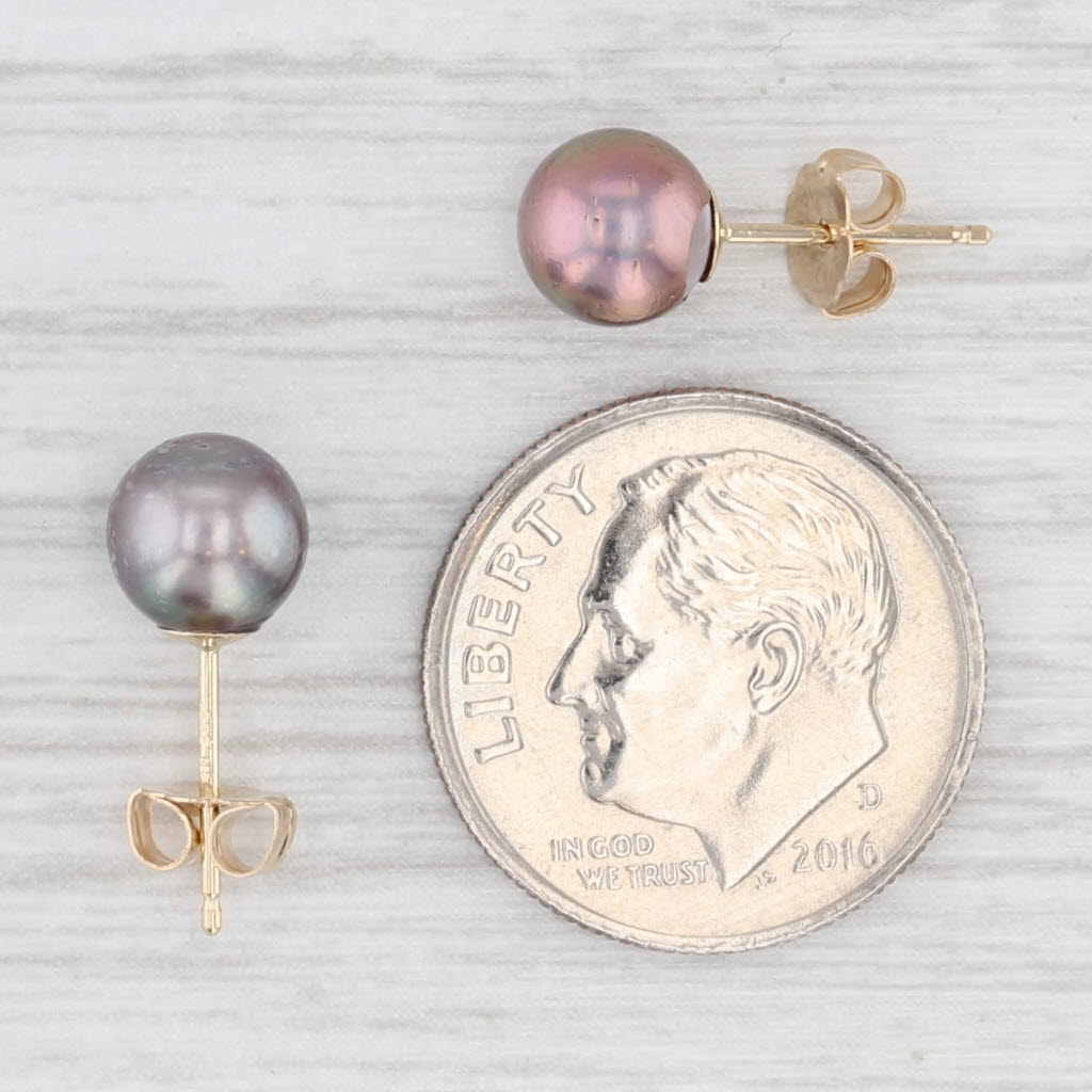 Light Gray Dyed Black Cultured Pearl Solitaire Stud Earrings 14k Yellow Gold 6.3mm
