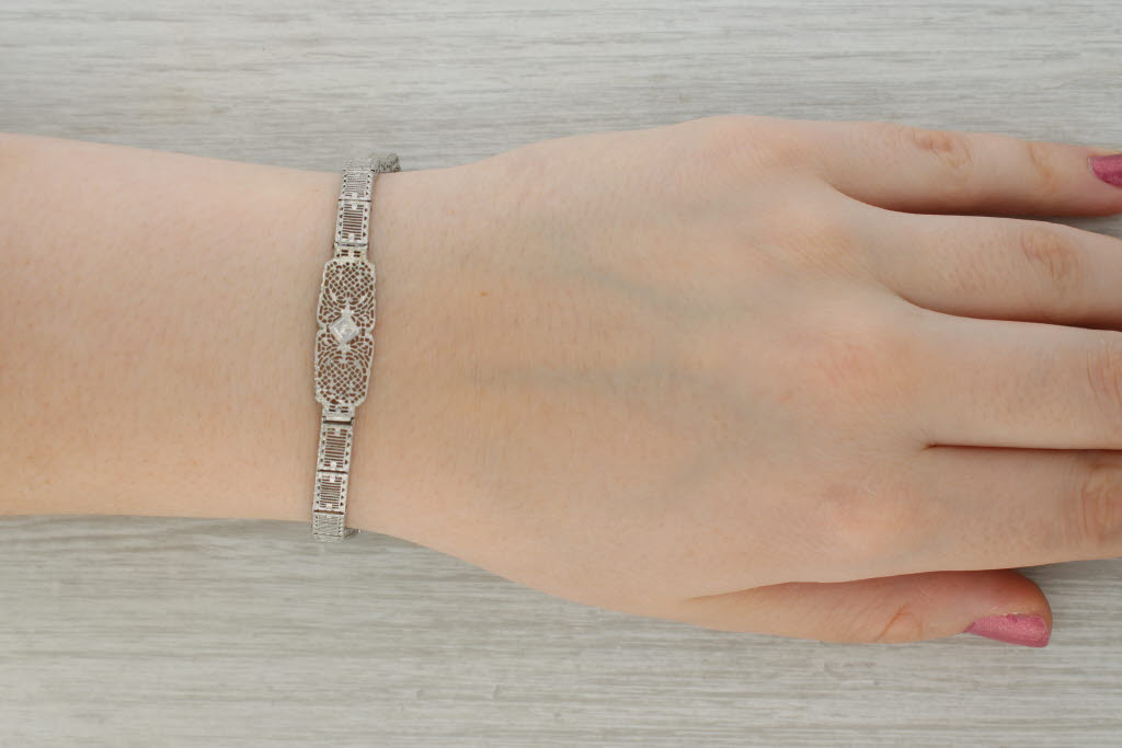 Rosy Brown Vintage Filigree Diamond Bracelet 10k White Gold 6"