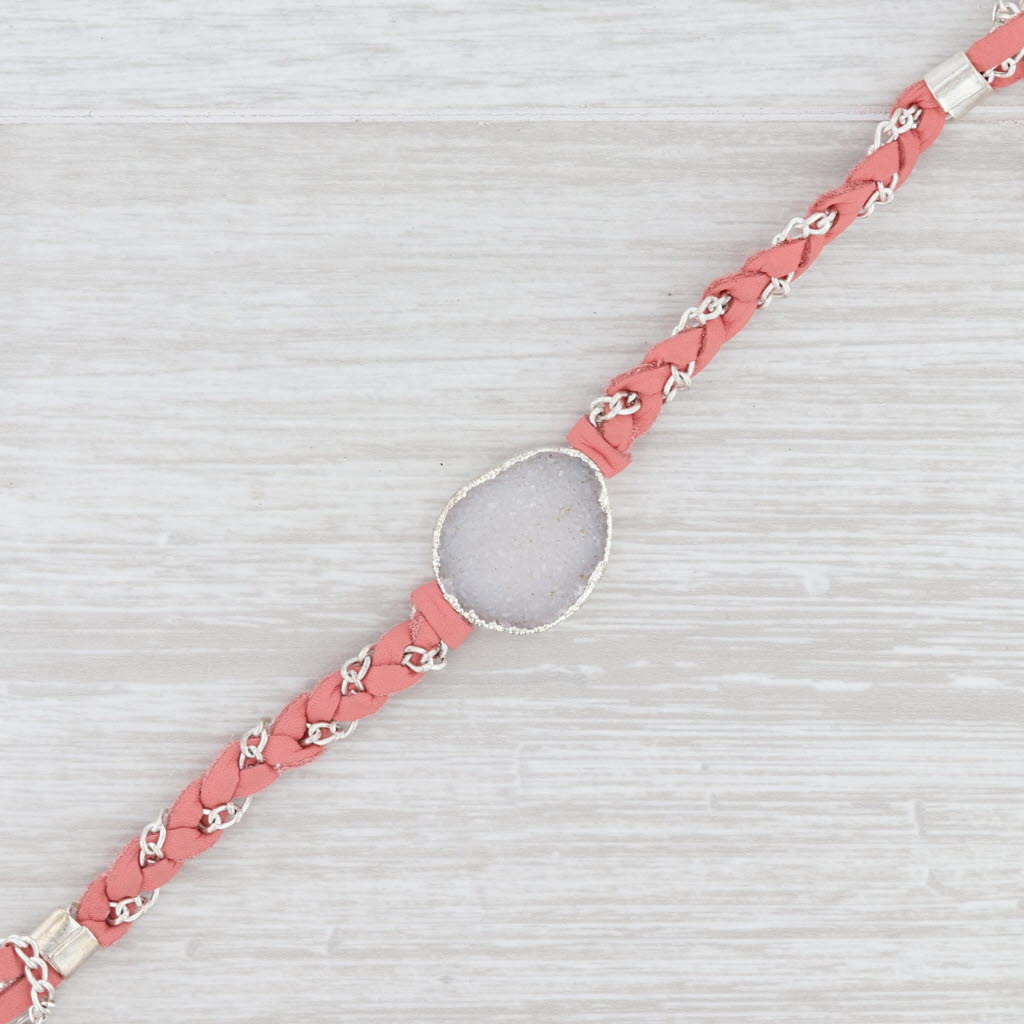 New Nina Wynn Cordelia Bracelet Woven Pink Leather White Druzy Quartz