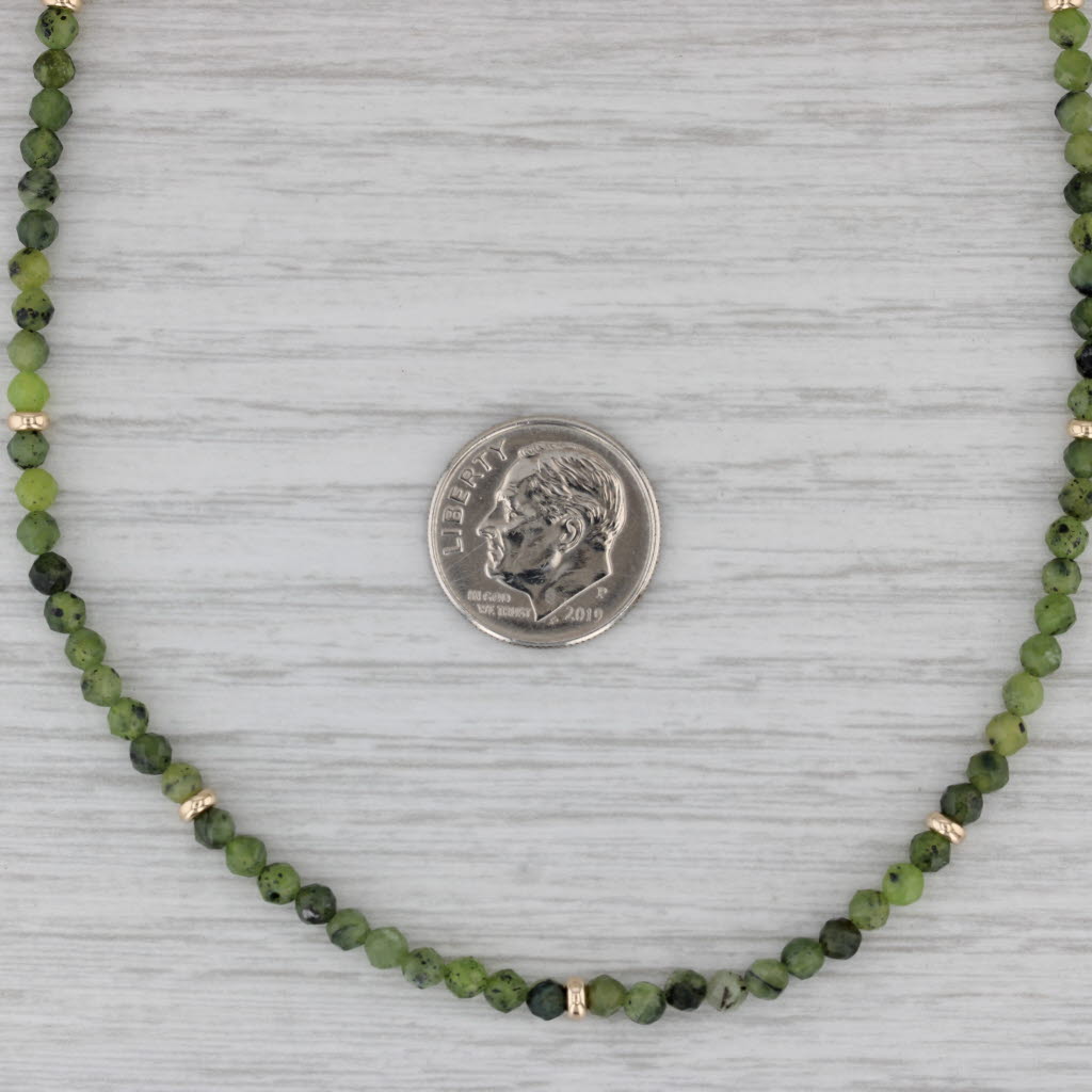 Gray Green Serpentine Bead Strand Necklace 14k Yellow Gold 3.3mm 18"
