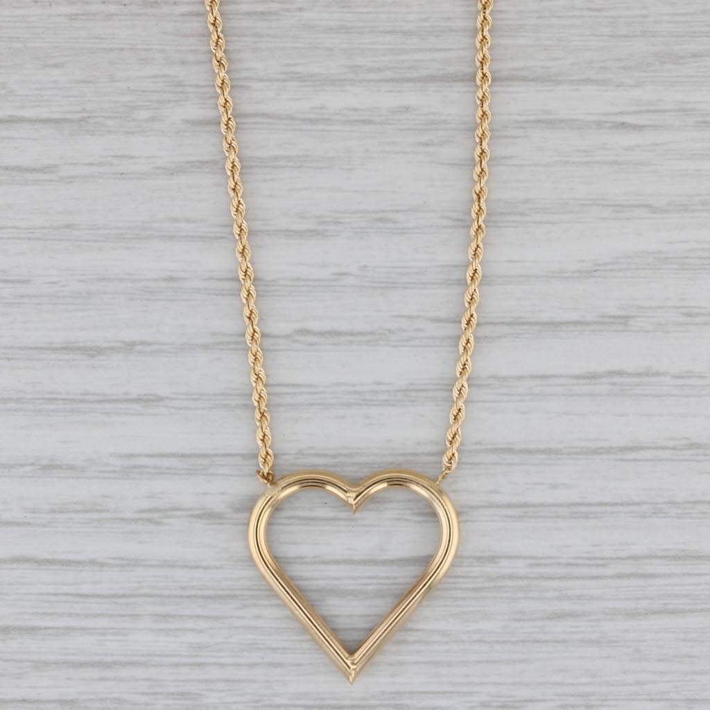 Gray Heart Station Pendant Necklace 14k Yellow Gold 18" Rope Chain
