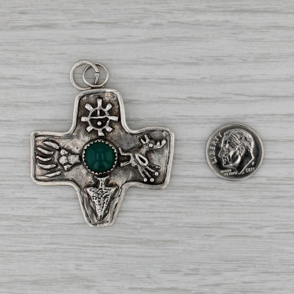Green Chalcedony Tribal Cross Pendant Sterling Silver Medallion Statement