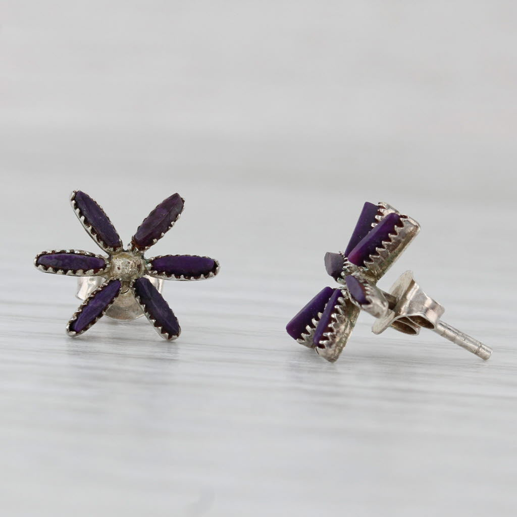 Light Gray Vintage Native American Purple Sugilite Flower Stud Earrings Sterling Silver