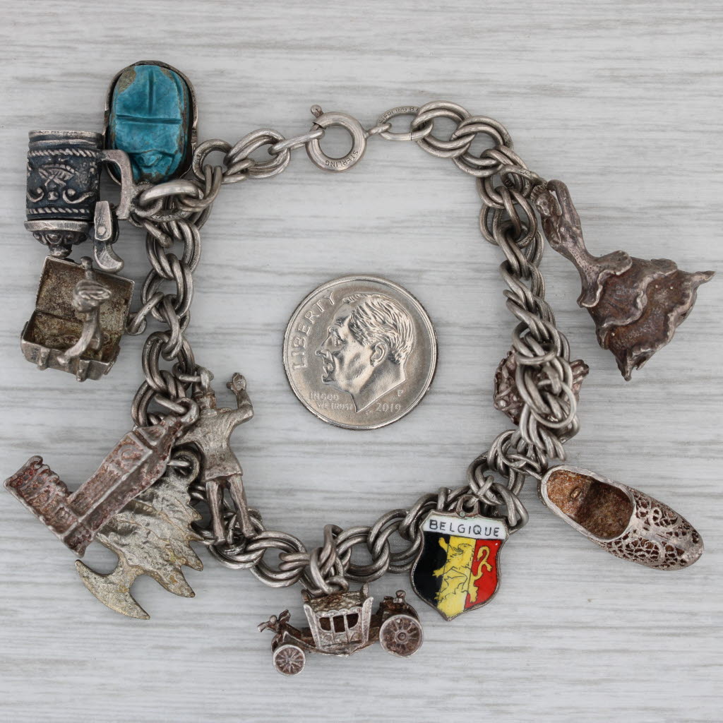 Gray Vintage Mixed Themed Charm Bracelet Sterling Silver Enamel Souvenir British 6"