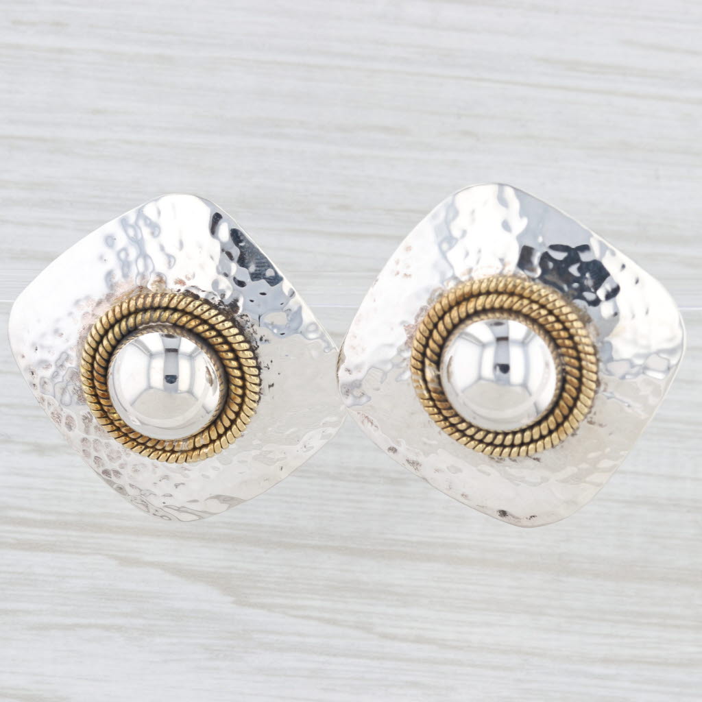 Light Gray Taxco Mexico Statement Earrings Hammered Sterling Silver Brass Large Studs